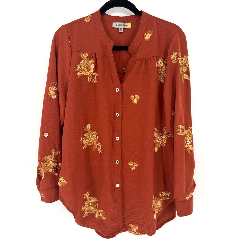 Figueroa & Flower Blouse Embroidered Floral M Rust Orange Boho Peasant Romantic